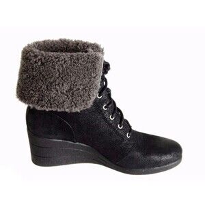 Ugg Zea Black Shearling Wedge Waterproof Lace Up Ankle Boots Sz 6 Women